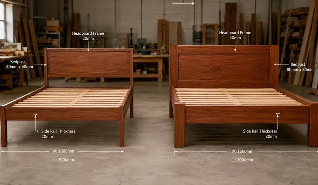 Two solid mahogany beds with the same overall size but different bedpost, side-rail, and headboard component thicknesses.