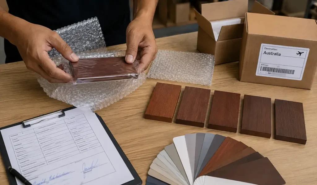 Physical mahogany color swatches prepared for buyer approval to prevent color misunderstanding before bulk production.