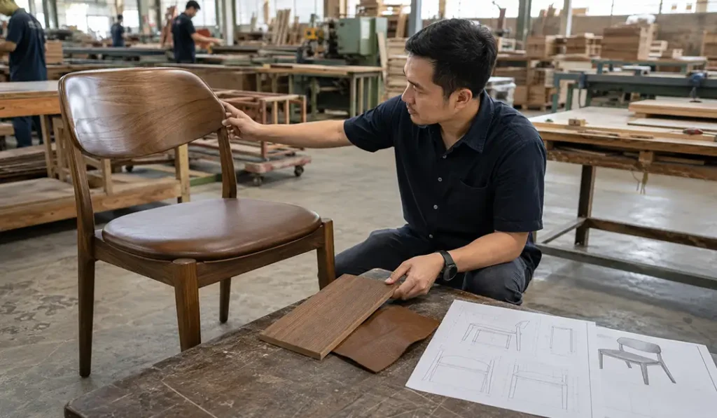 Finished Sungkai and leather dining chair sample reviewed before bulk furniture production