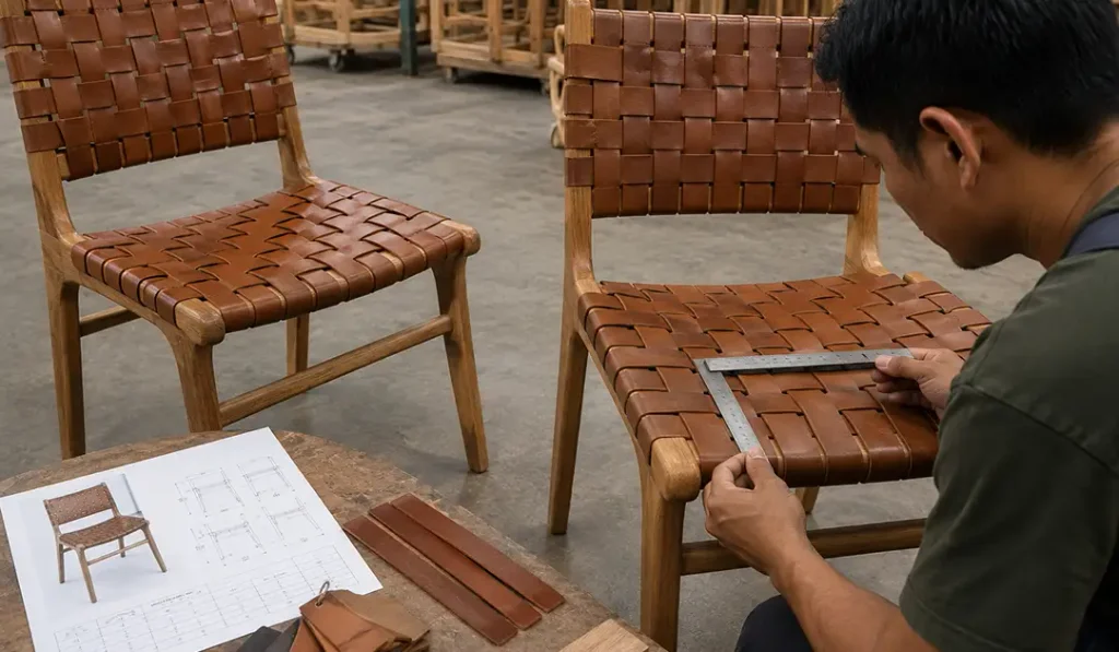 Indoor dining chair leather spacing checked against an approved sample during production