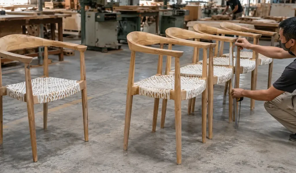 MPP-style production team comparing curved Sungkai dining chairs side by side against an approved sample