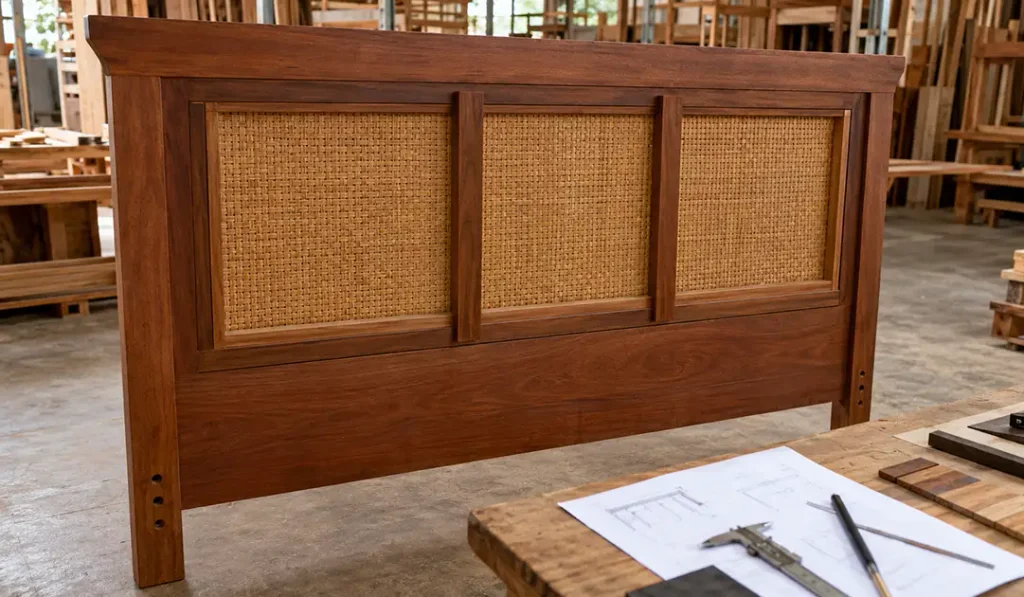 Solid mahogany headboard sample being reviewed for dimensions and finish before approval.