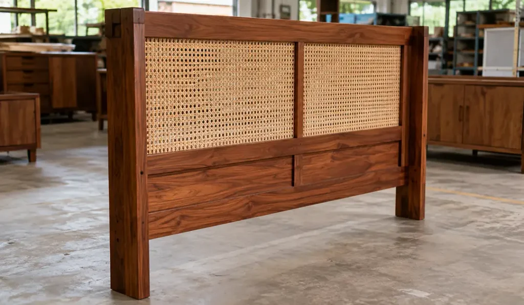 Solid mahogany headboard with rattan webbing finished for front and rear visibility