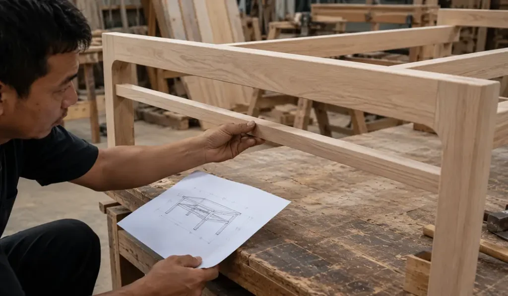 Supporting rail added to a Sungkai furniture frame during product development