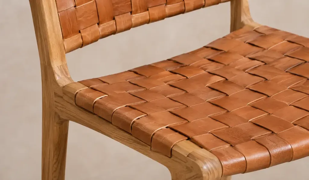 Close-up of woven leather spacing and Sungkai wood construction on a counter stool