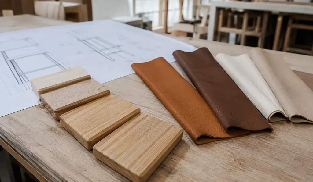 Sungkai wood finish swatches reviewed beside different leather colors for furniture development