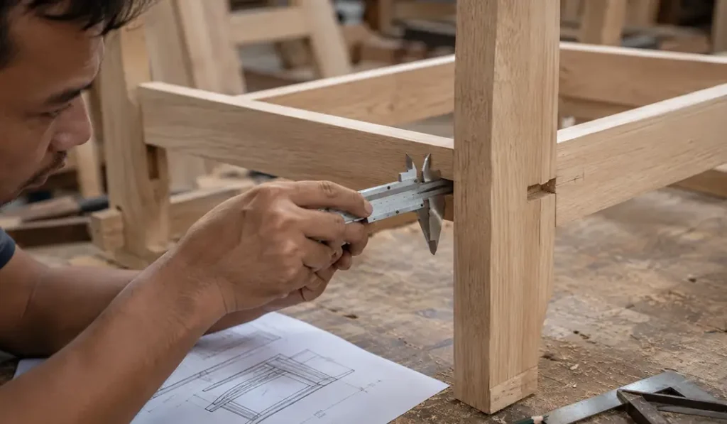 Side rail and rear leg joint being reviewed on a Sungkai furniture frame