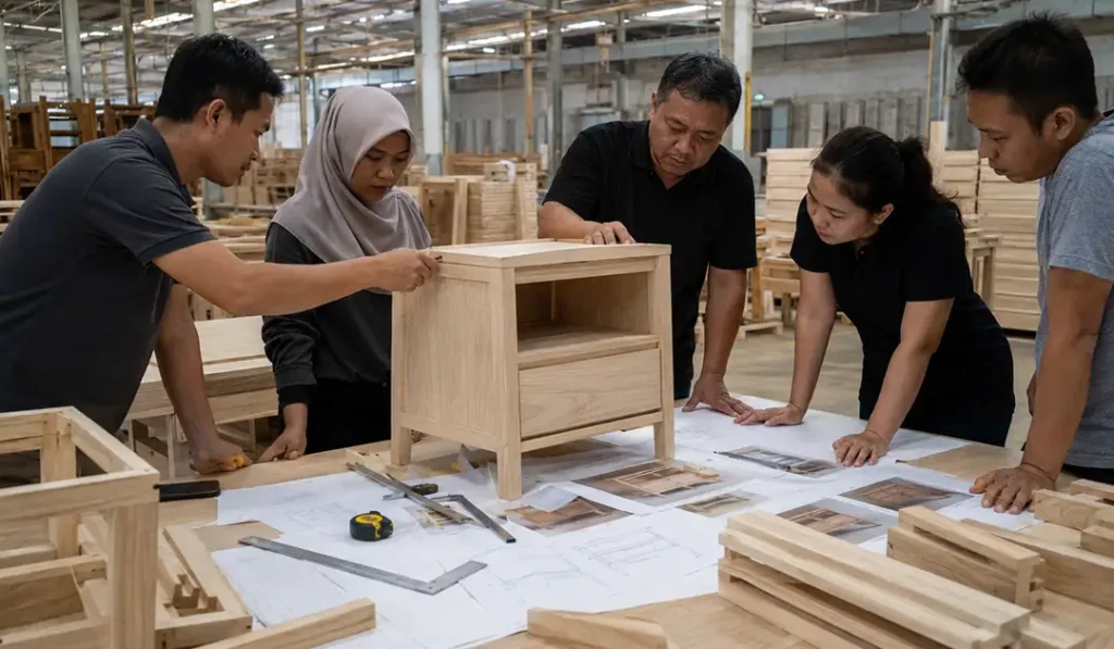 Sungkai furniture sample compared with technical drawings before bulk production