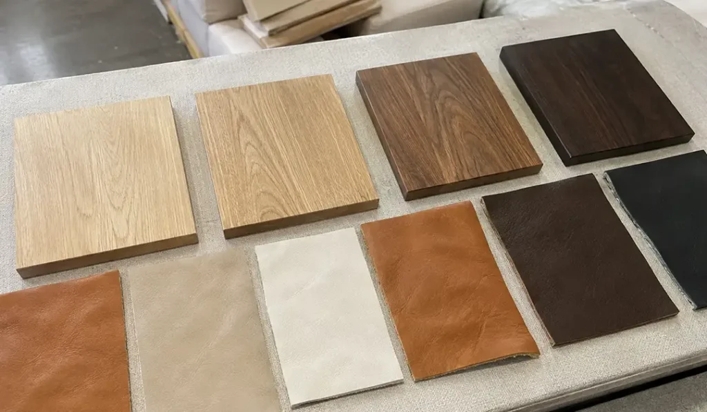 Natural, light, walnut-toned, and dark Sungkai finishes paired with leather color samples