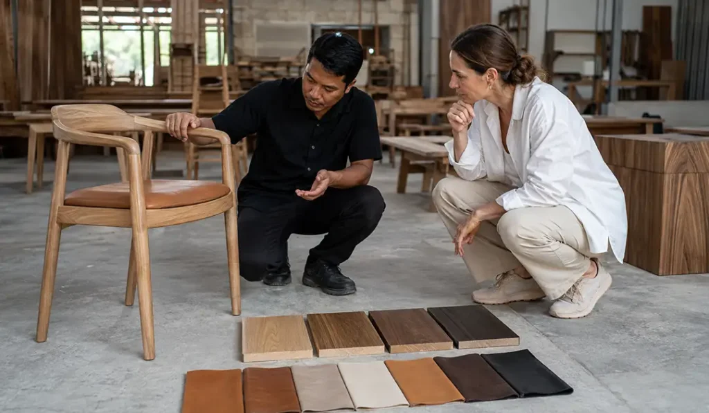Sungkai Wood and Leather Selection for Custom Dining Chairs Sungkai wood finish and leather swatches for custom dining chair development