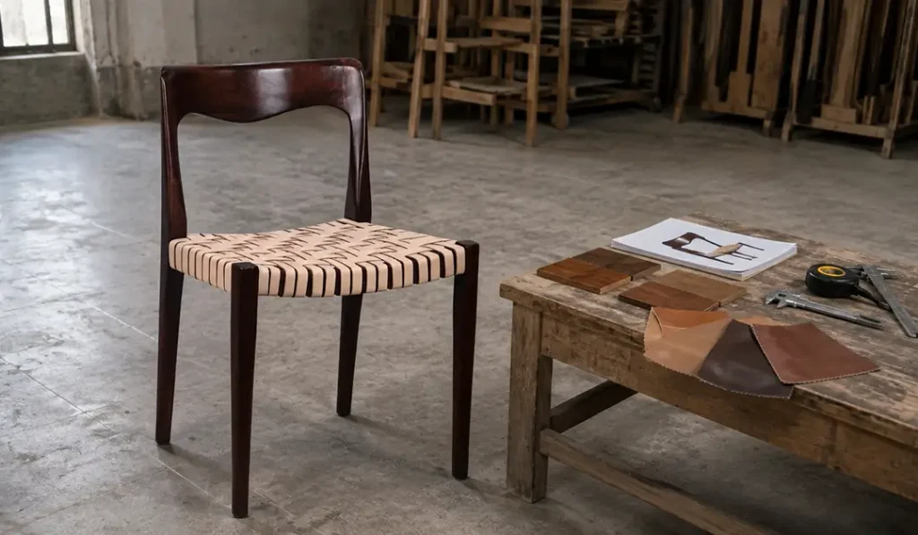 Teak dining room chair sample development with leather and wood finish approval