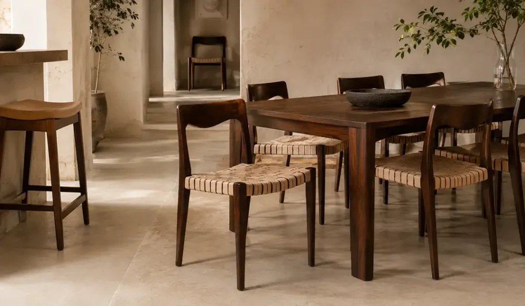 Teak dining room chairs with leather coordinated with a teak dining furniture collection