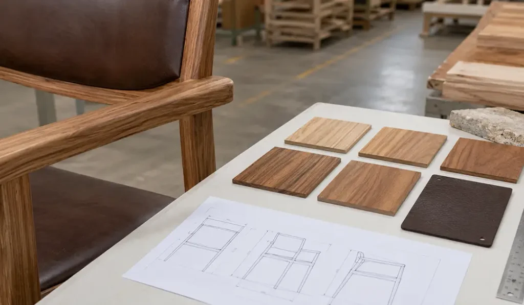Teak leather dining chairs with approved wood finish and leather color swatches