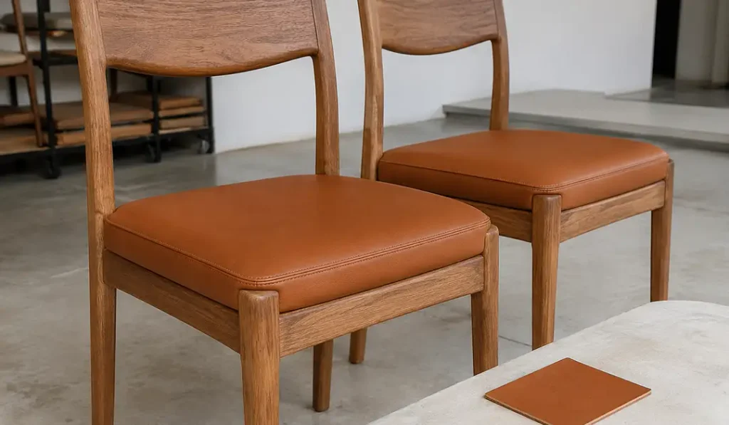 Upholstered leather teak dining chair showing consistent padding profile, seams, shape, and leather fit.