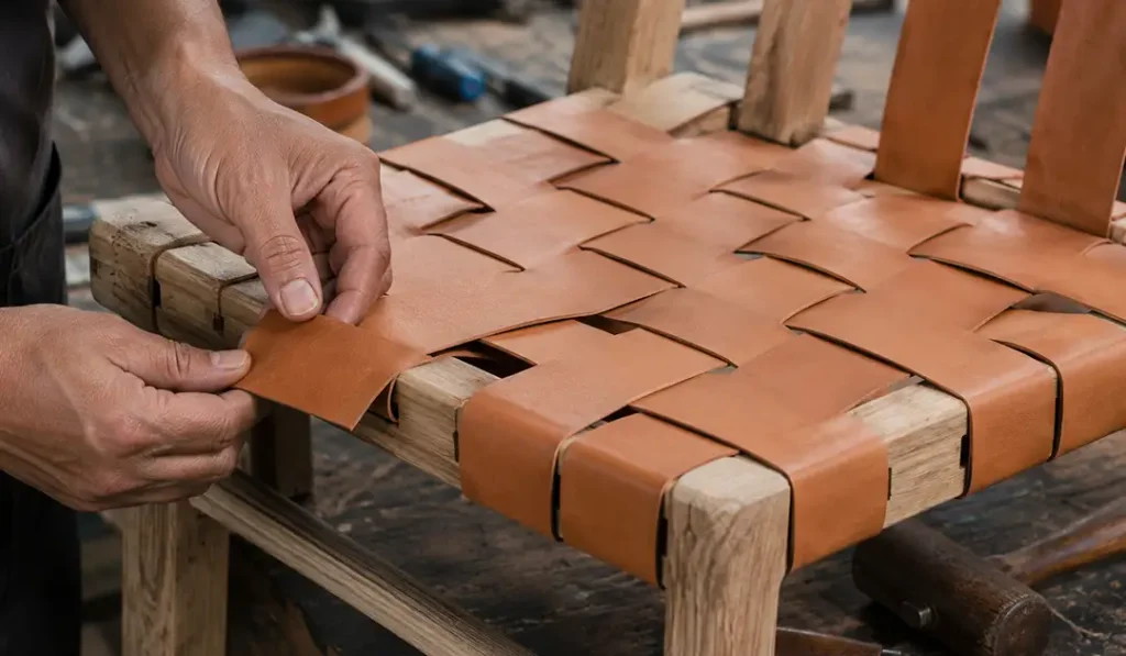 Close-up of woven leather tension, spacing, and alignment on a teak indoor dining chair frame.