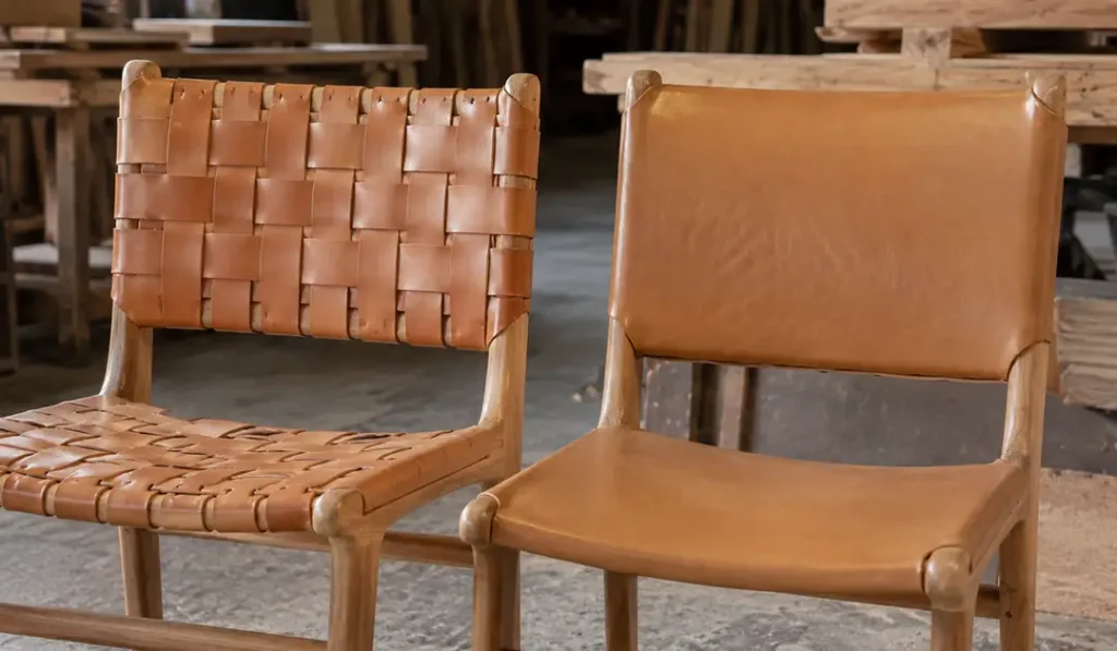 Woven leather strips and full leather panel applications on Sungkai dining chair samples