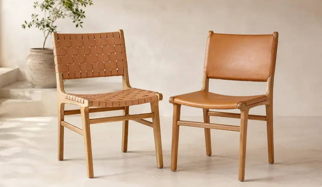 Woven vs Upholstered Leather Teak Dining Chairs Woven and upholstered leather teak indoor dining chairs shown side by side for retail collection comparison