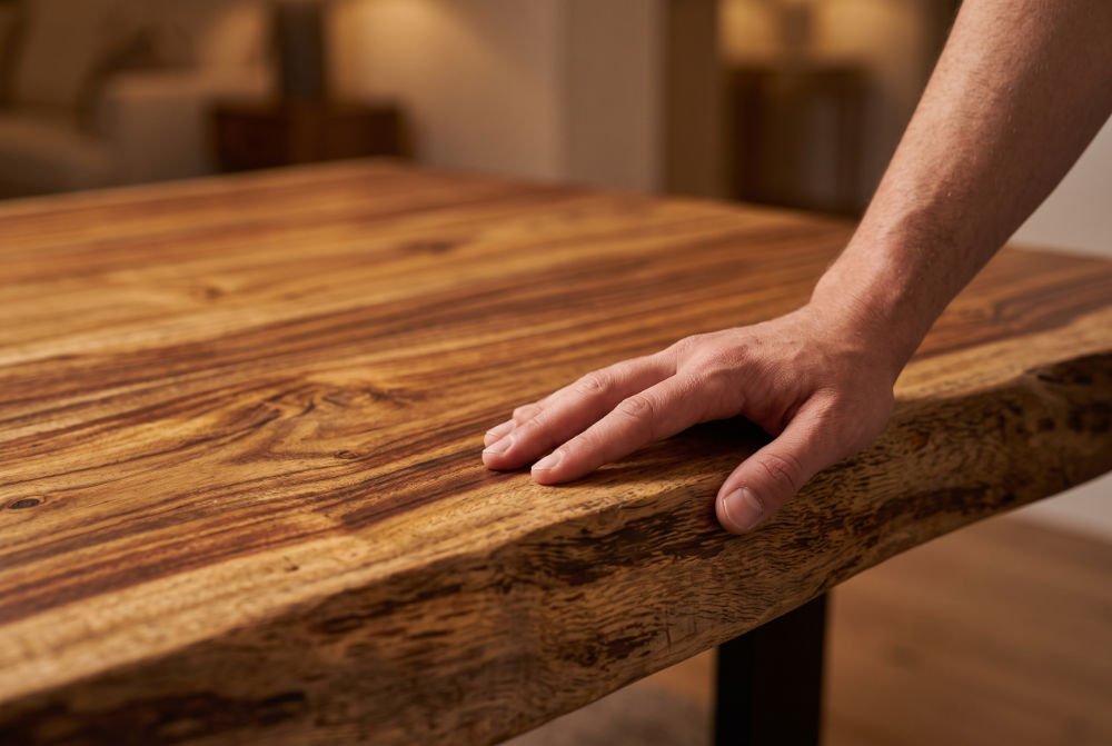 Close up of rich Acacia wood grain and solid texture on an indoor dining table