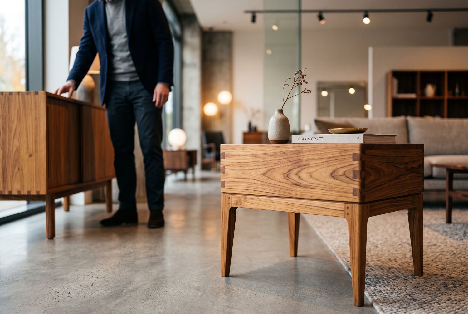 Close up of a premium teak wood side table in a modern retail showroom, highlighting the natural wood grain and quality