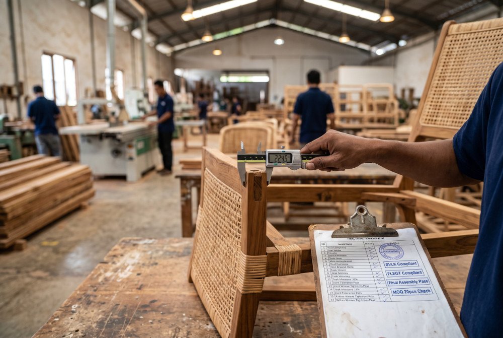 An Indonesian worker in navy polo performing final quality inspection and dimensional accuracy checks on an indoor rattan and wood chair, including SVLK compliance validation