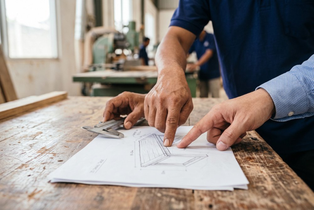 Close-up of an Indonesian worker in navy polo and a buyer analyzing structural details on a 3D render sketch at a furniture factory workstation