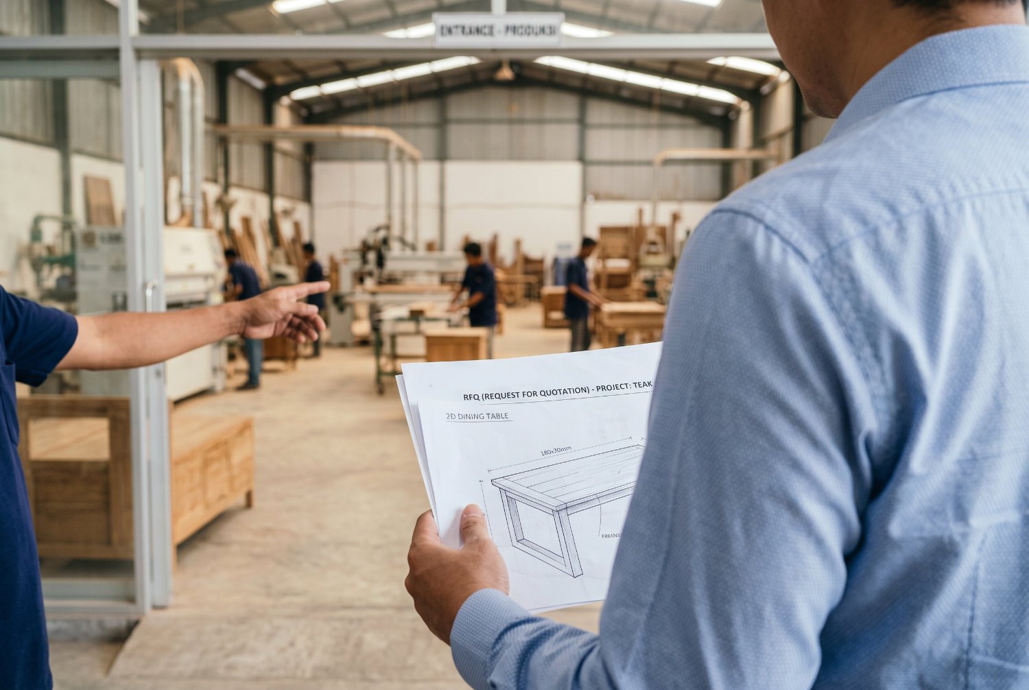 B2B buyer holding an RFQ document in front of an Indonesian indoor furniture factory entrance, setting the stage for a quotation request