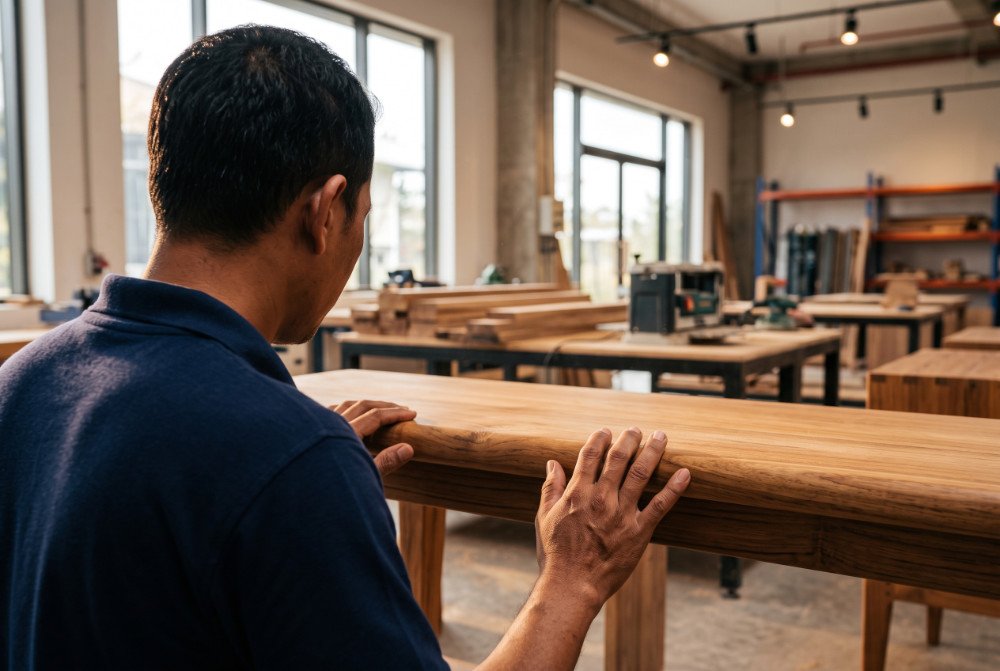 Indonesian furniture factory worker in a navy polo shirt carefully inspecting a solid teak side table during production
