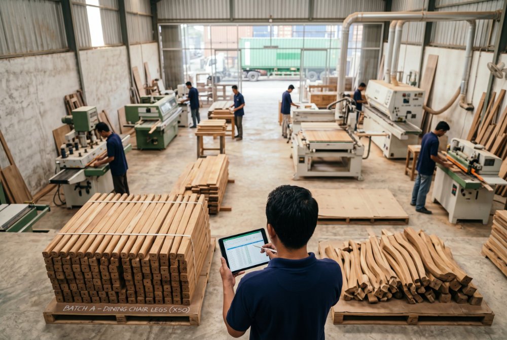A worker in navy polo viewed from behind, managing varying product batches and trial orders at an Indonesian furniture manufacturer