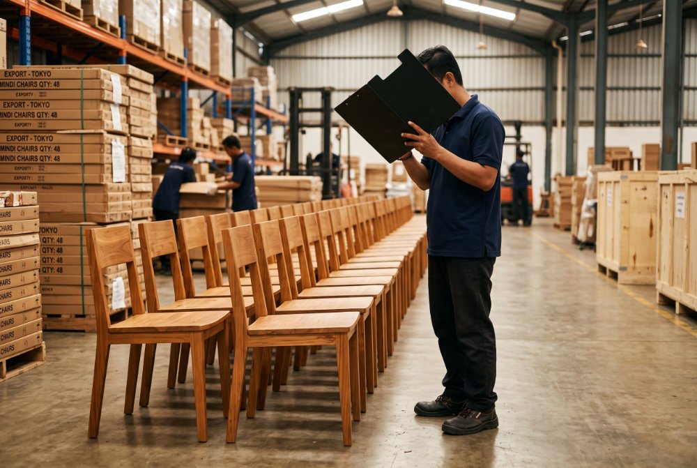 Quality control inspector at an Indonesian furniture supplier checking finished indoor chairs