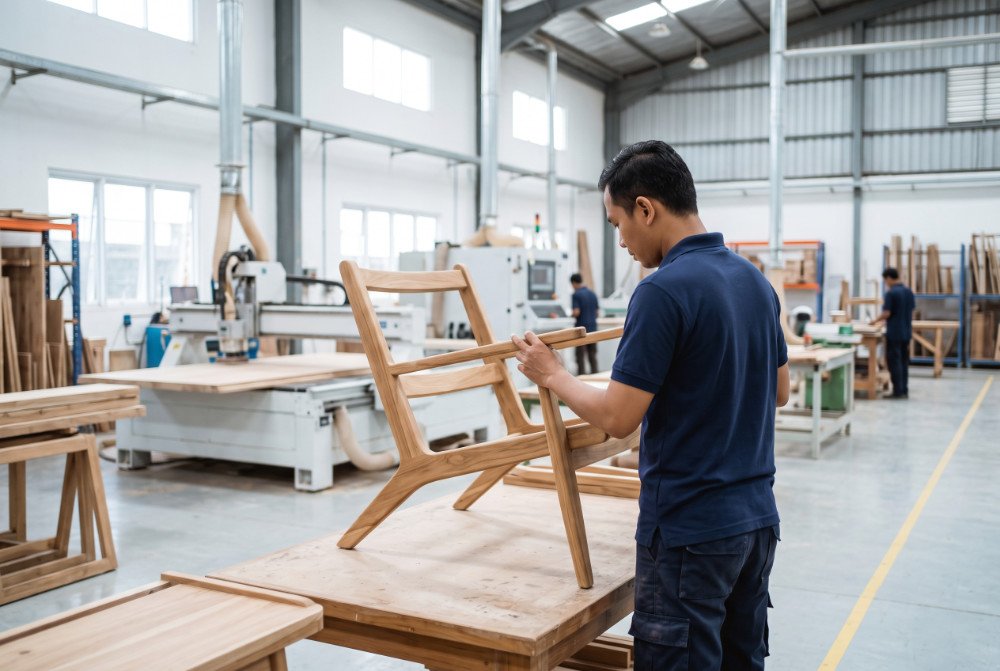 Indonesian factory worker in a navy polo shirt inspecting a teak chair frame in a modern manufacturing facility