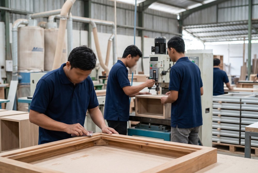 Indonesian factory workers in navy polo shirts sanding and machining Mindi wood furniture at MPP factory, ensuring bulk consistency