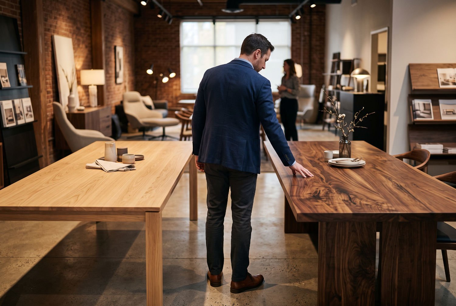Retail buyer evaluating Mindi and Acacia indoor furniture collections in a B2B showroom