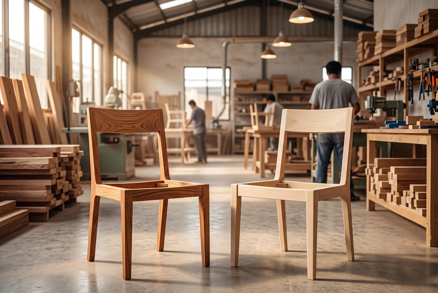 Comparison of mindi wood and rubberwood dining chair frames in a manufacturing facility