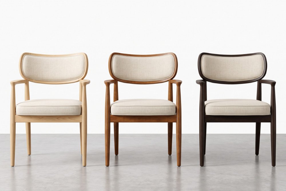 Three identical mindi wood occasional chairs showcasing natural, medium, and dark stain finish variations
