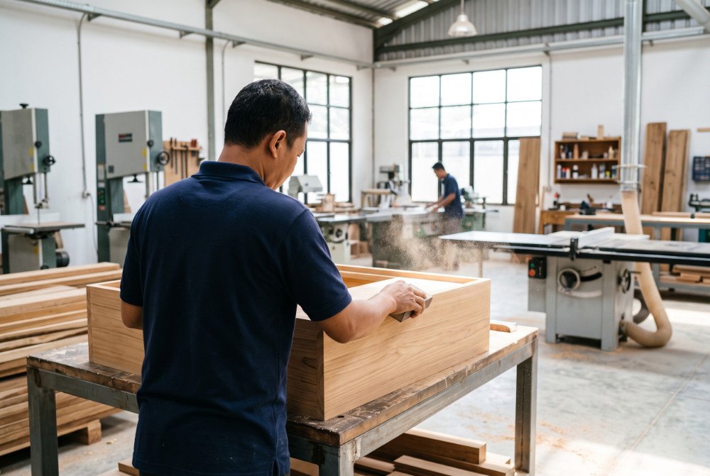 Indonesian factory worker in a navy polo processing Mindi wood furniture in a workshop