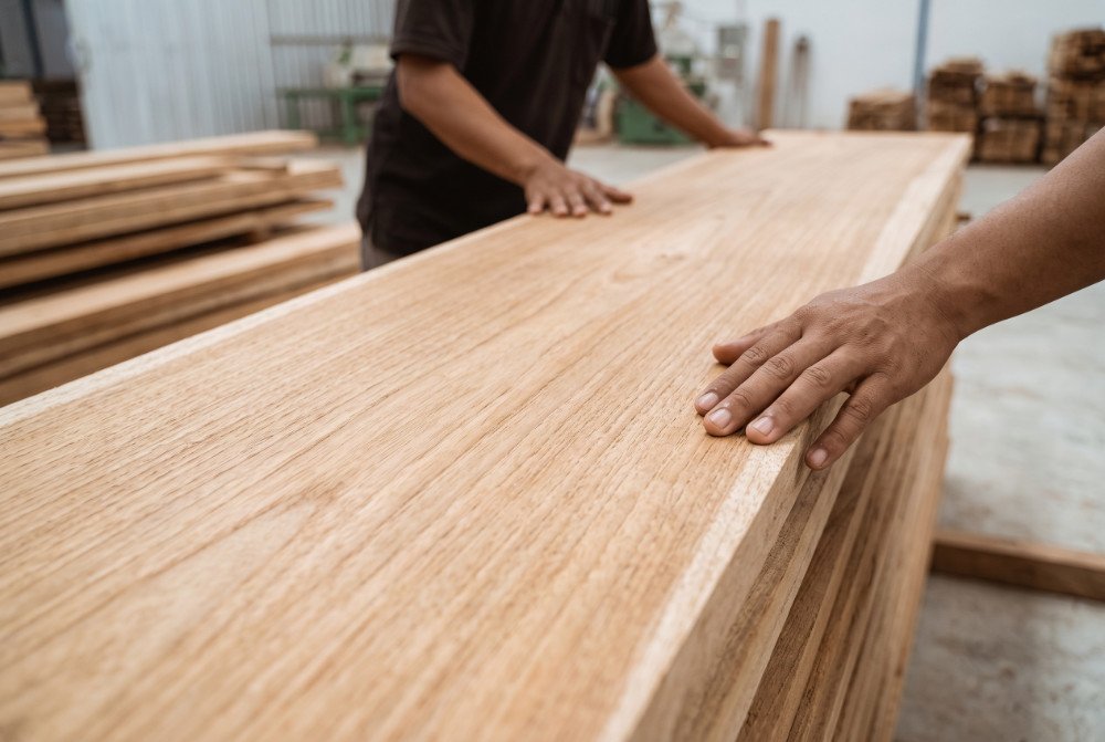 Close-up photograph of natural Mindi wood straight grain and light brown tone with blurred Indonesian craftsman's hands assessment