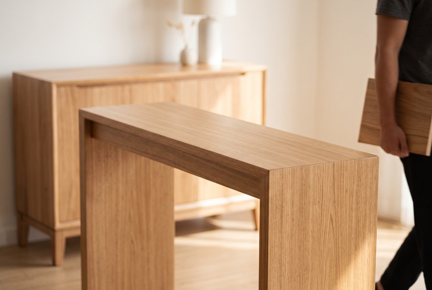 Minimalist, sunlit living room showing MPP Furniture's Mindi wood console and sideboard, ready for bulk orders