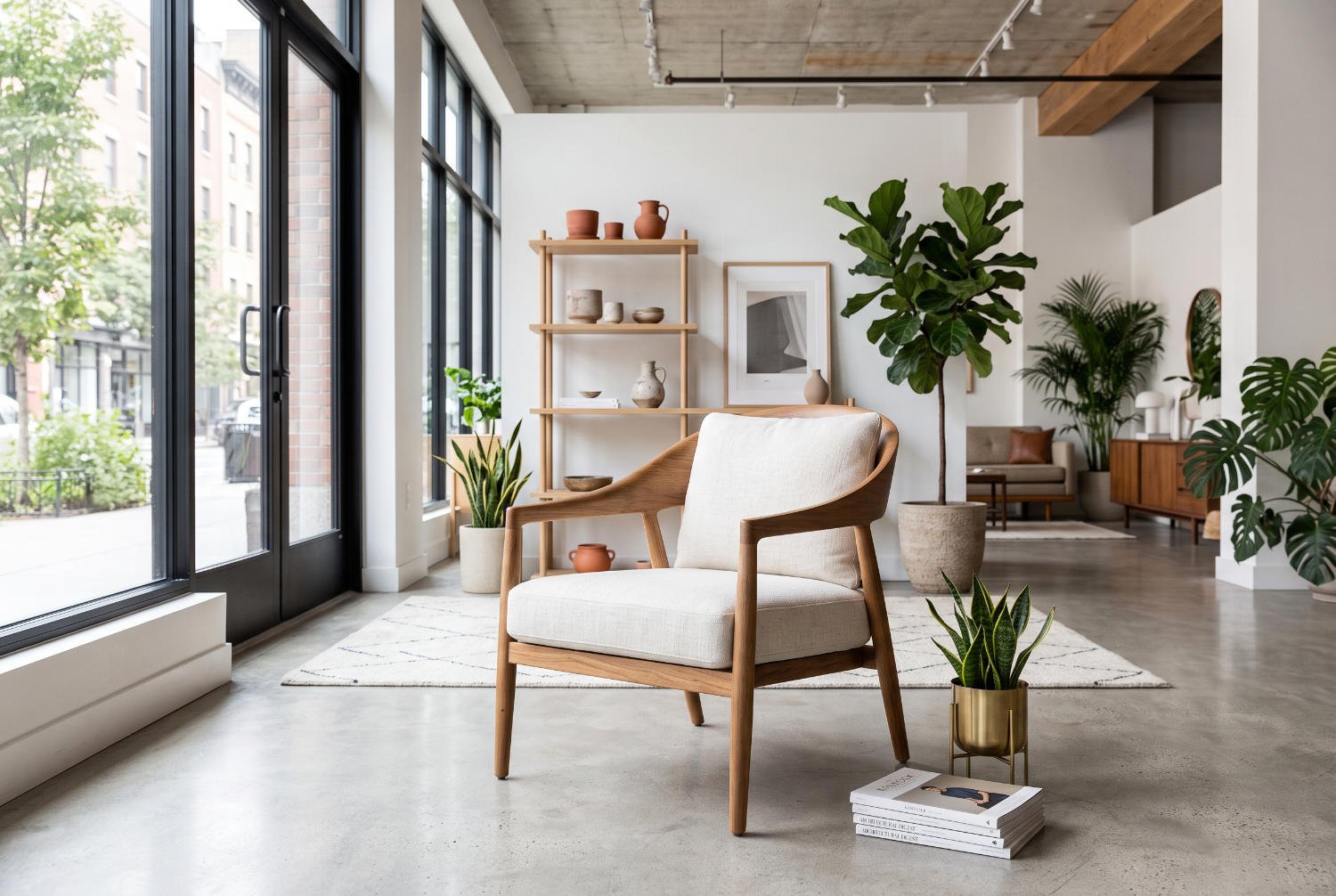 Modern mindi wood occasional chair displayed in a bright, fast-moving retail showroom