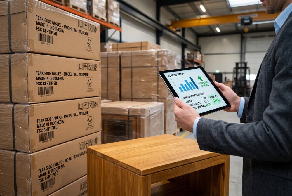 Retail buyer holding a digital tablet to calculate inventory margins and cost next to a finished teak side table