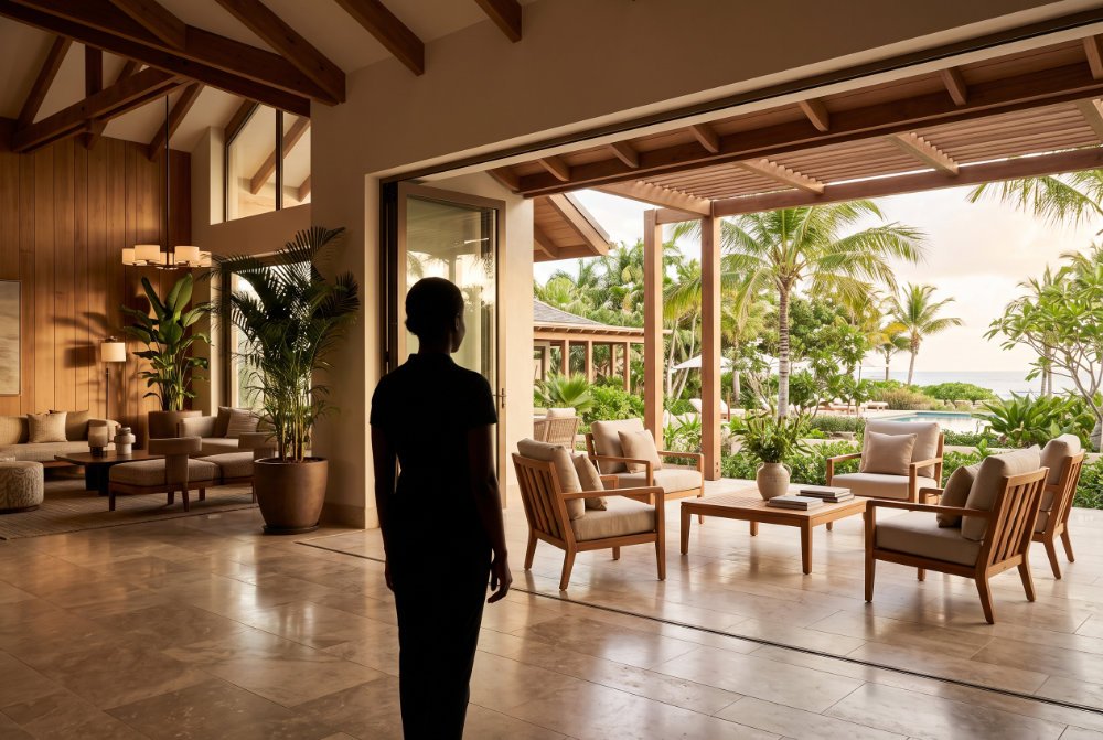 Teak occasional chairs arranged in a luxury resort lobby and covered terrace