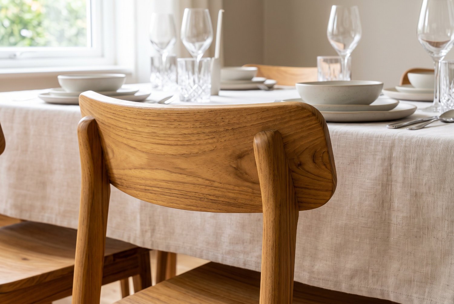 A close-up photo of a premium teak dining chair featuring golden-brown wood grain, placed at an elegant dining table set with fine linens and glassware.