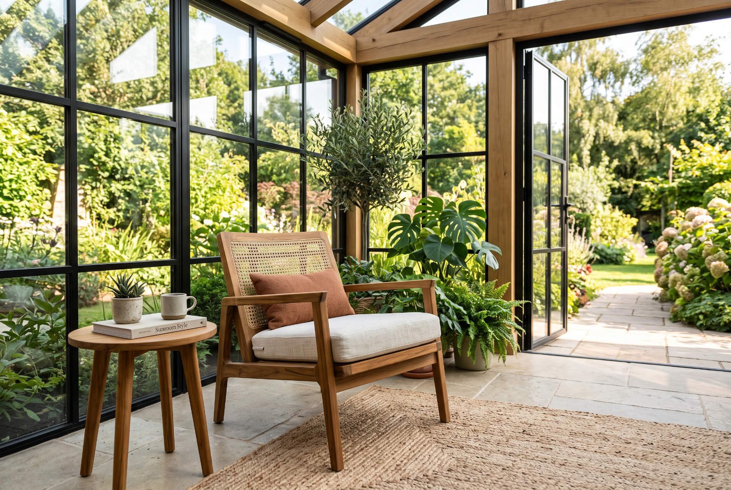 Premium teak occasional chair placed in a bright semi-outdoor sunroom setting