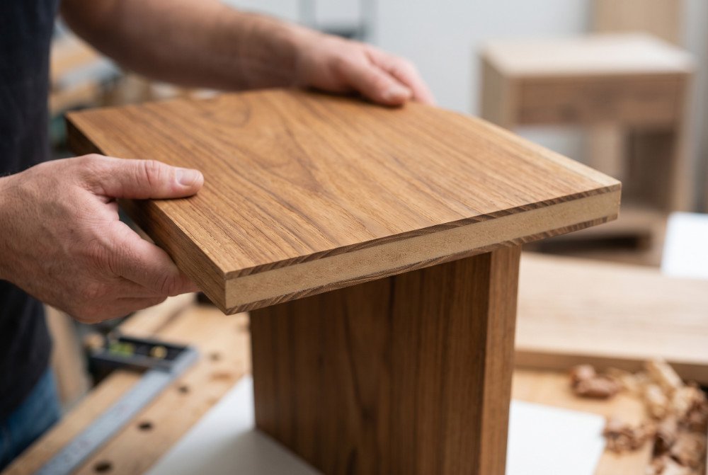 Close up showing the thin layer of real teak wood applied over a core panel for a modern veneer side table construction