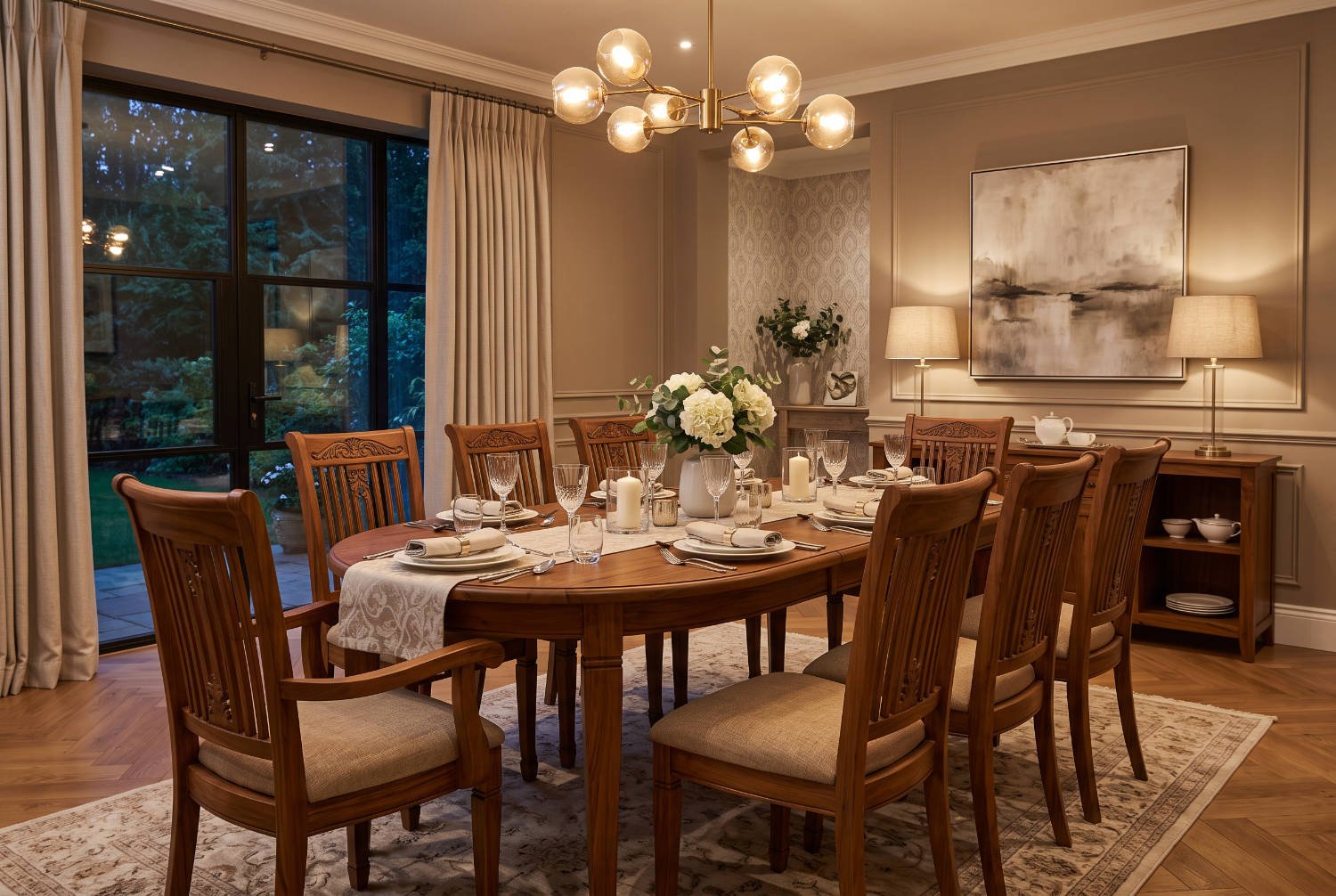 Set Kursi Makan Kayu Jati Mewah dalam Ruangan Elegan