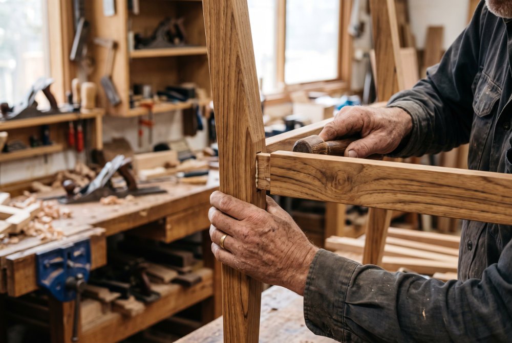 Detail Tangan Pekerja Merakit Sambungan Rangka Kursi Kayu Jati