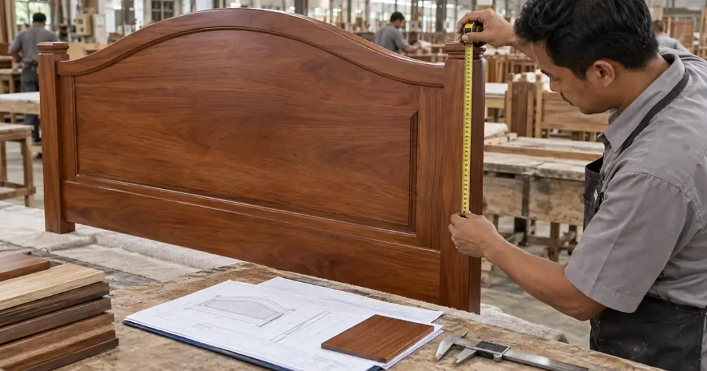 Approved solid mahogany headboard being checked against production specifications