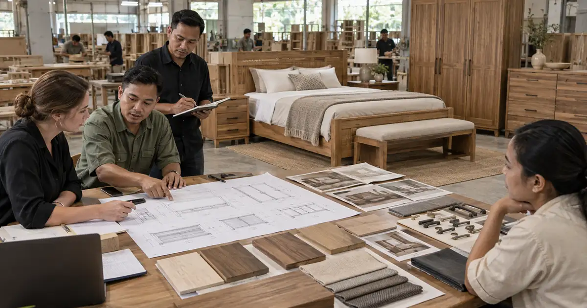 Retail buyer reviewing a bedroom furniture collection with multiple SKUs during product development
