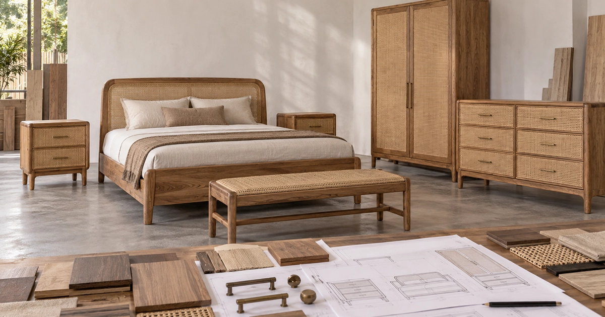 Bedroom furniture collection with coordinated beds, nightstands, dressers, and wardrobes using shared design specifications