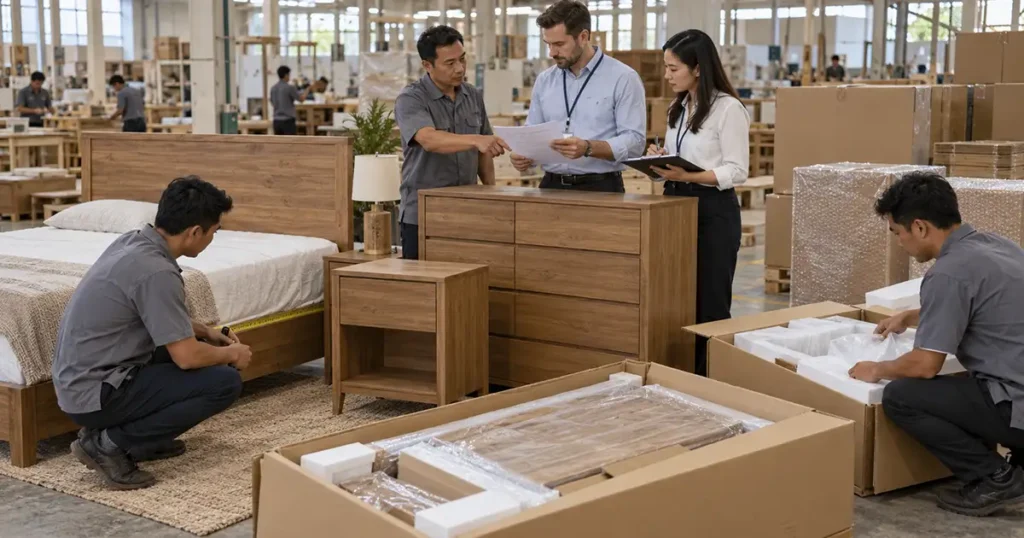 Retail buyer reviewing packed bedroom furniture sample before bulk production