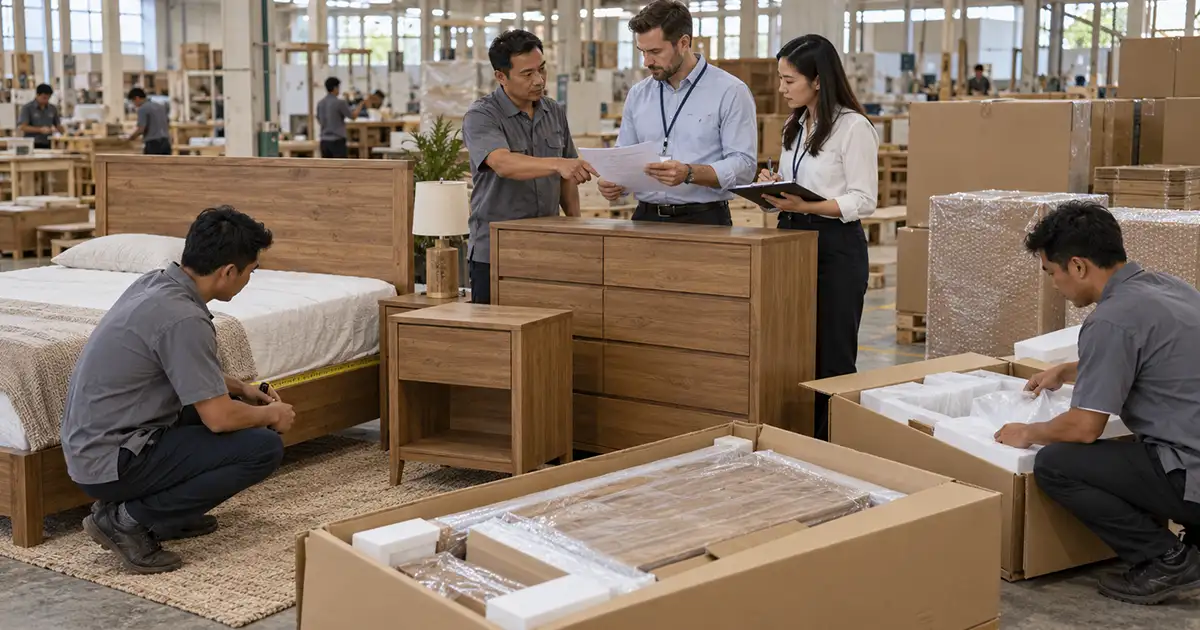 Retail buyer reviewing packed bedroom furniture sample before bulk production